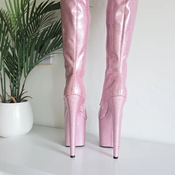 Hella Heels NWOB 8" Glitterati Sugarbaby Pink Thigh High Boots Front Lace Pole - Picture 9 of 13